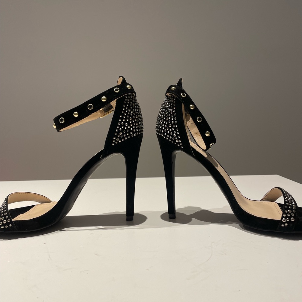 Black Vegan Suede Heeled Sandals with Rhinestone Detail - Picture 3 of 9